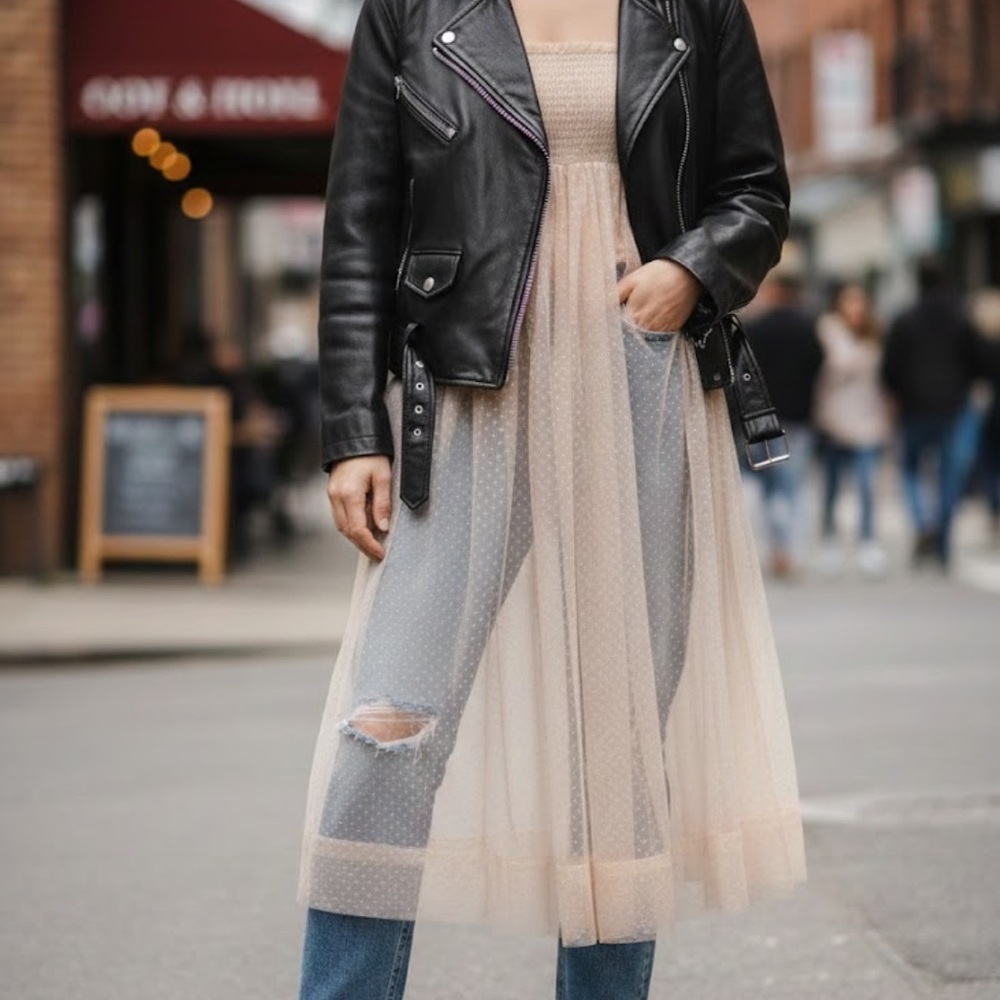 Sheer Polka Tulle Midi Dress in Nude